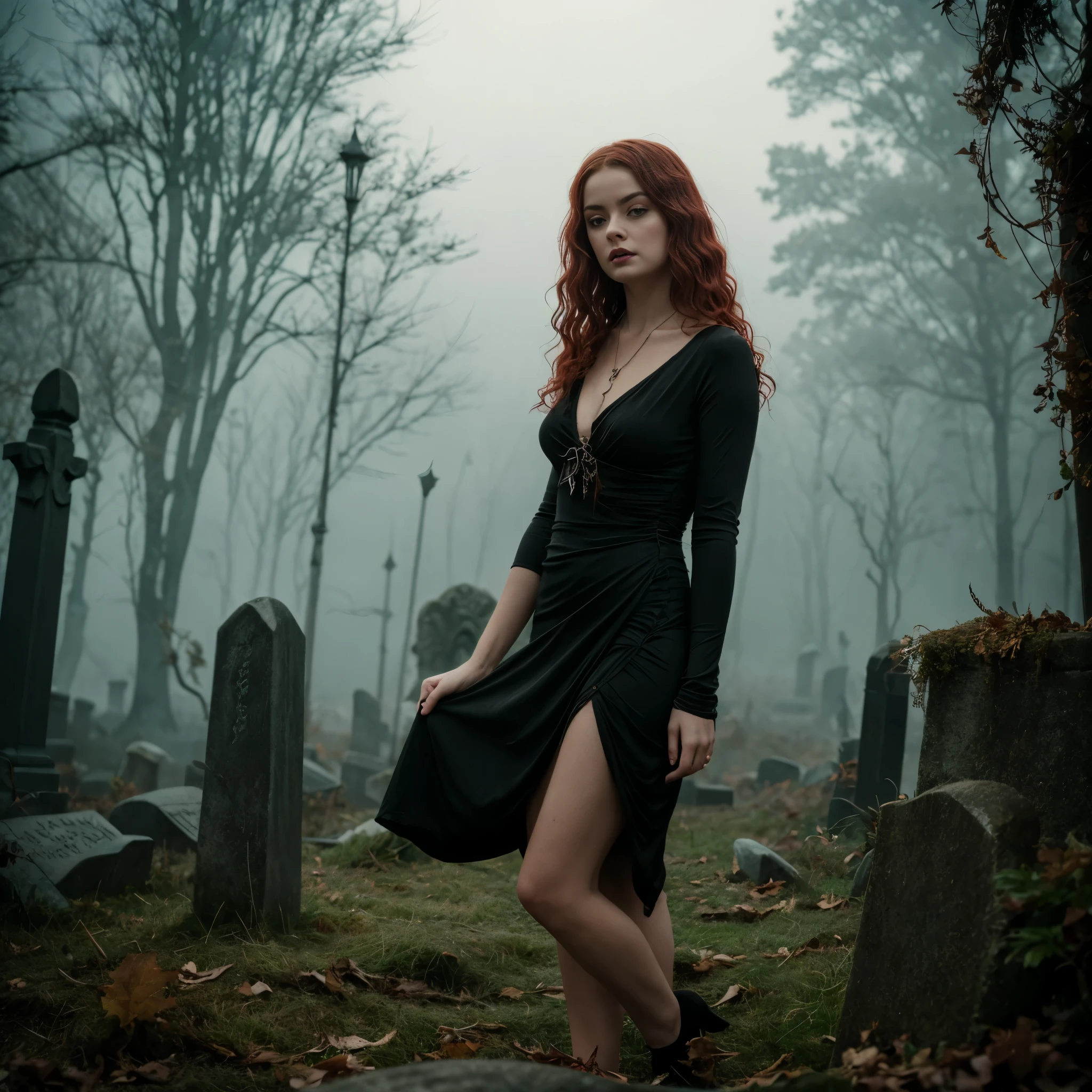 arafed woman in a black dress with short messy wavy red hair and a necklace, lotr, promotional still,  joy vampire queen, artstyle tom bagshaw, beautiful female vampire, carmilla vampire, portrait of a elder witch, vampire fashion, samara weaving vampire, tom bagshaw weta studio, with red hair, photo still, witchy clothing, beautiful female witch in fog filled graveyard