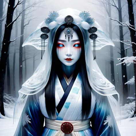 Create a highly realistic and eerie depiction of the Yuki-onna (Snow Woman), a popular and terrifying yokai from Japanese folklo...