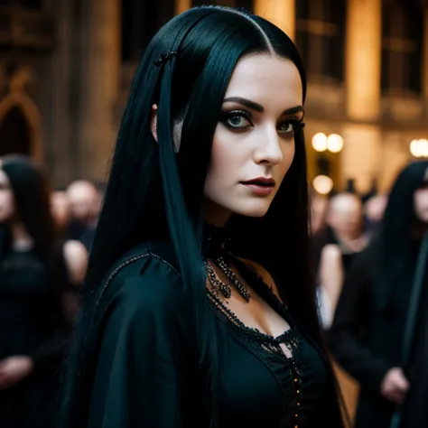 1 woman, european face, european eyes, pretty face, 30 years old, age 30, black long hair, black, green eyes, gothic style, wear...