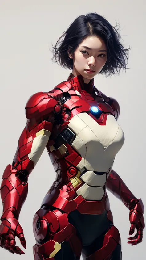 upper body、asian、short black hair、22 years old、iron man design、female body type、large breasts、simple background、