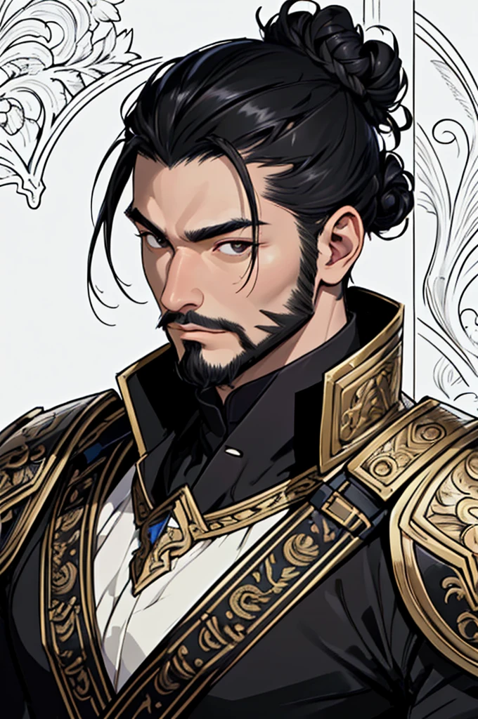 masterpiece)，(Very detailed)，(Very detailed)，(best quality), lineart, one asian man, ((portrait)) tall, armor, ((black bun hair)), visage marqué par l'expérience. black eyes, barbe très courte soigneusement taillée. warrior fantasy, beautiful face, animated style, perfect face, highest detail, stubble, detailed face, clothes, intricate details, fantasy background, expressionless, solo, (charachters)