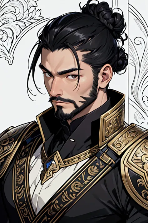 masterpiece)，(Very detailed)，(Very detailed)，(best quality), lineart, one asian man, ((portrait)) tall, armor, ((black bun hair)...