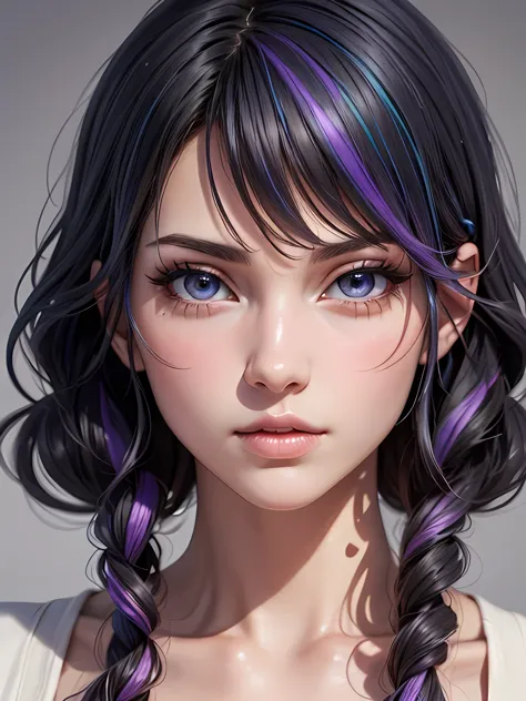 anime A translucent white girl with blue curly hair with purple highlights, extremely detailed, 8K, high resolution, photorealis...