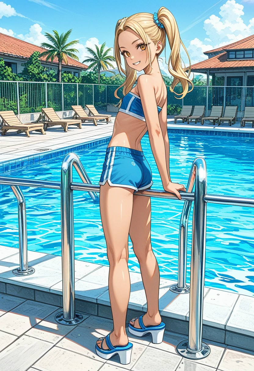 childish, skinny, sassy, ​​blonde, tanned, young girl, twin tails hairstyle, wide forehead, amber eyes, flat chest, small perky ass, sunglasses, purple strapless top, blue sport shorts, high heel sandals, smile, sexy pose, in front of a pool, on a rooftop, cartoon ecchi, Ponpu style, masterpiece, dramatic, cinematic, dynamic back view, full body,