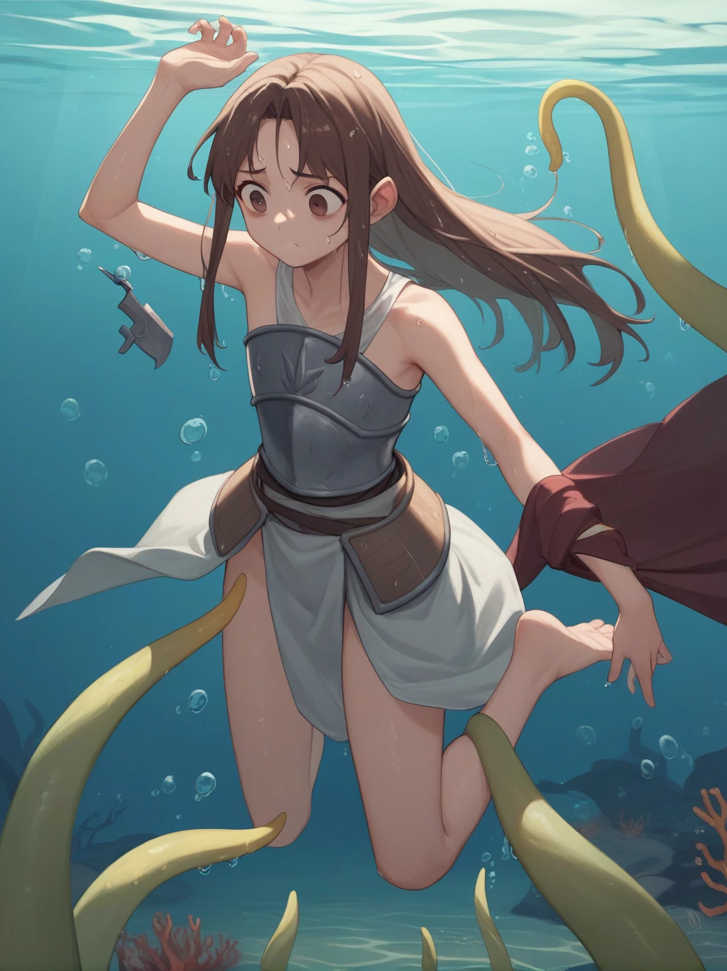 partially underwater,最high quality,high quality, , Long Hair, Brown Hair, Wet Hair, Flat Chest,Dark Underground Labyrinth,No light,Cloth armor,Equipped with a dagger and a shield,Face above water,Corpses in the water, Underwater Photography,The lobe rolls up due to buoyancy.,Painful face、My feet are being pulled by tentacles、Being dragged into the water、Go Wild