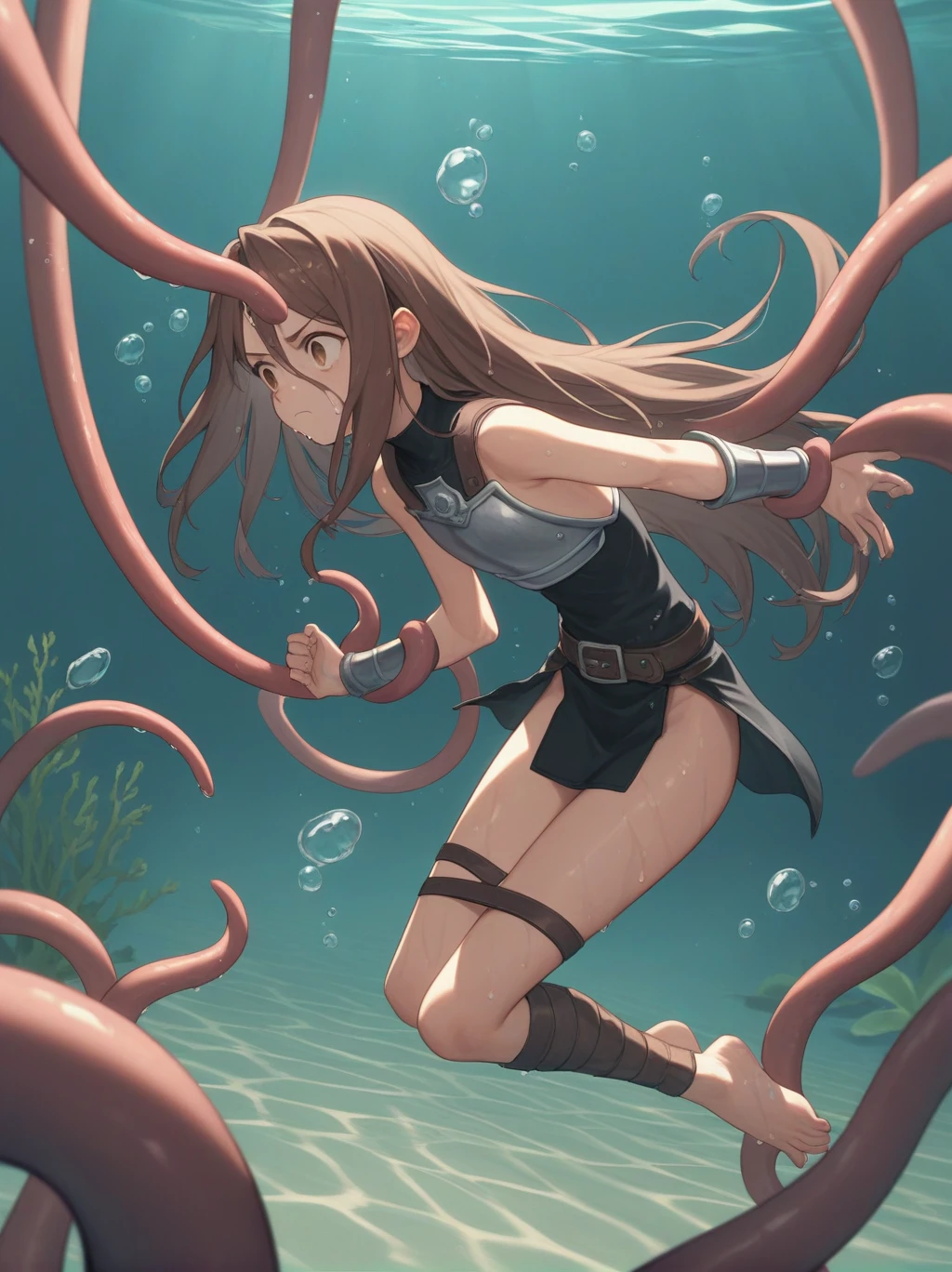 partially underwater,最high quality,high quality, four years old, , Long Hair, Brown Hair, Wet Hair, Flat Chest,Dark Underground Labyrinth,No light,Leather Armor,Equipped with a dagger and a shield,Face above water,Corpses in the water, Underwater Photography,The lobe rolls up due to buoyancy.,Painful face、My feet are being pulled by tentacles、Being dragged into the water、Go Wild