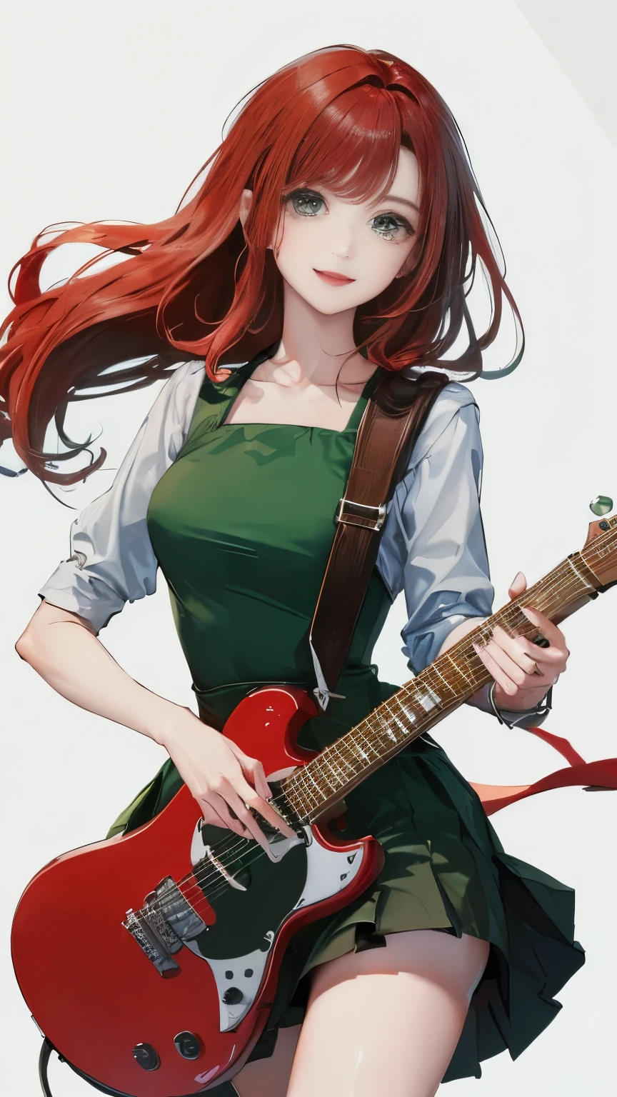 (((белый фон стены)))、(((лучшее качество изображения、8К、красивая женщина、белый фон стены)))、гитарист、играть на гитаре、(((красные волосы)))、(((Длинные волосы)))、(((улыбка)))、(((зеленое платье、мини-юбка)))、(((Чистый белый фон)))、