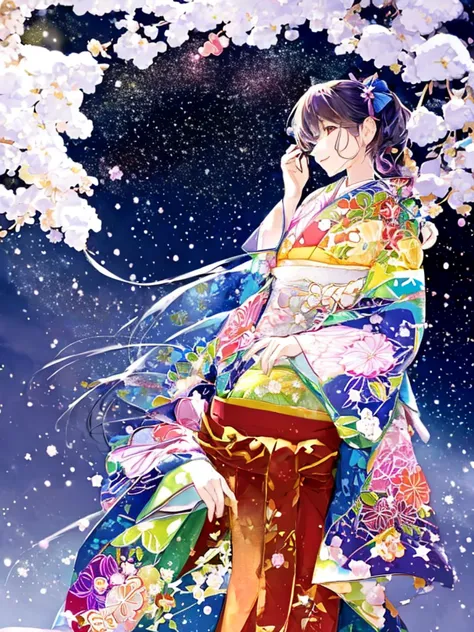 watercolor paiting、Pale shades、Beautiful colors、parfect anatomy、Kimono、Girl in Japanese Clothes、cowboy  shot,Cute  s、Snowy night...