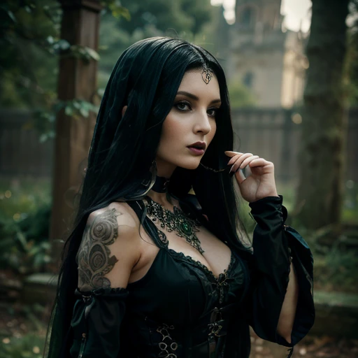 1 woman, European face, European eyes, pretty face, 30 years old, age 30, black long hair, black, green eyes, gothic style, wearing a long black dress, ultra detailed face, hyperrealistic, realistic representation, full body view, gothic style, dancing at a gothic festival