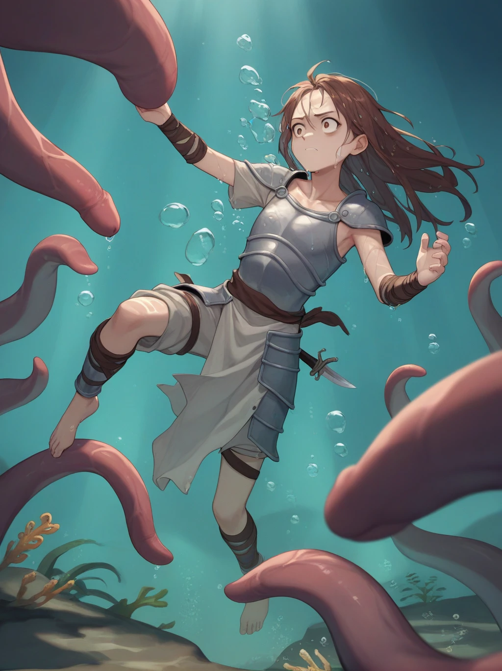 partially underwater,最high quality,high quality, , Long Hair, Brown Hair, Wet Hair, Flat Chest,Dark Underground Labyrinth,No light,Cloth armor,Equipped with a dagger and a shield,Face above water,Corpses in the water, Underwater Photography,The lobe rolls up due to buoyancy.,Painful face、My feet are being pulled by tentacles、Being dragged into the water、Go Wild