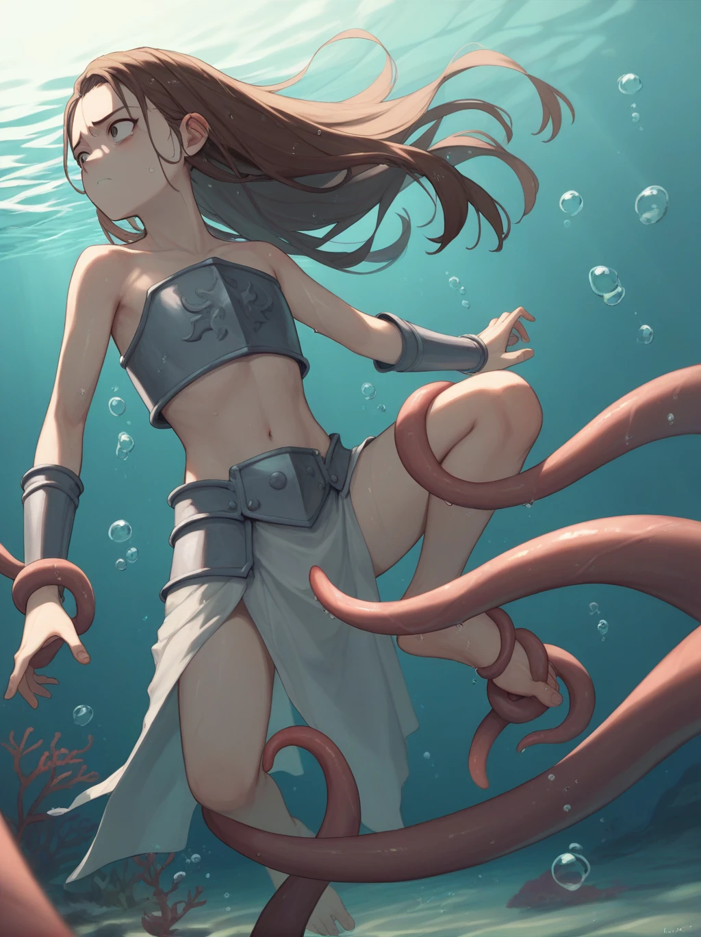 partially underwater,最high quality,high quality, , Long Hair, Brown Hair, Wet Hair, Flat Chest,Dark Underground Labyrinth,No light,Cloth armor,Equipped with a dagger and a shield,Face above water,Corpses in the water, Underwater Photography,The lobe rolls up due to buoyancy.,Painful face、My feet are being pulled by tentacles、Being dragged into the water、Go Wild