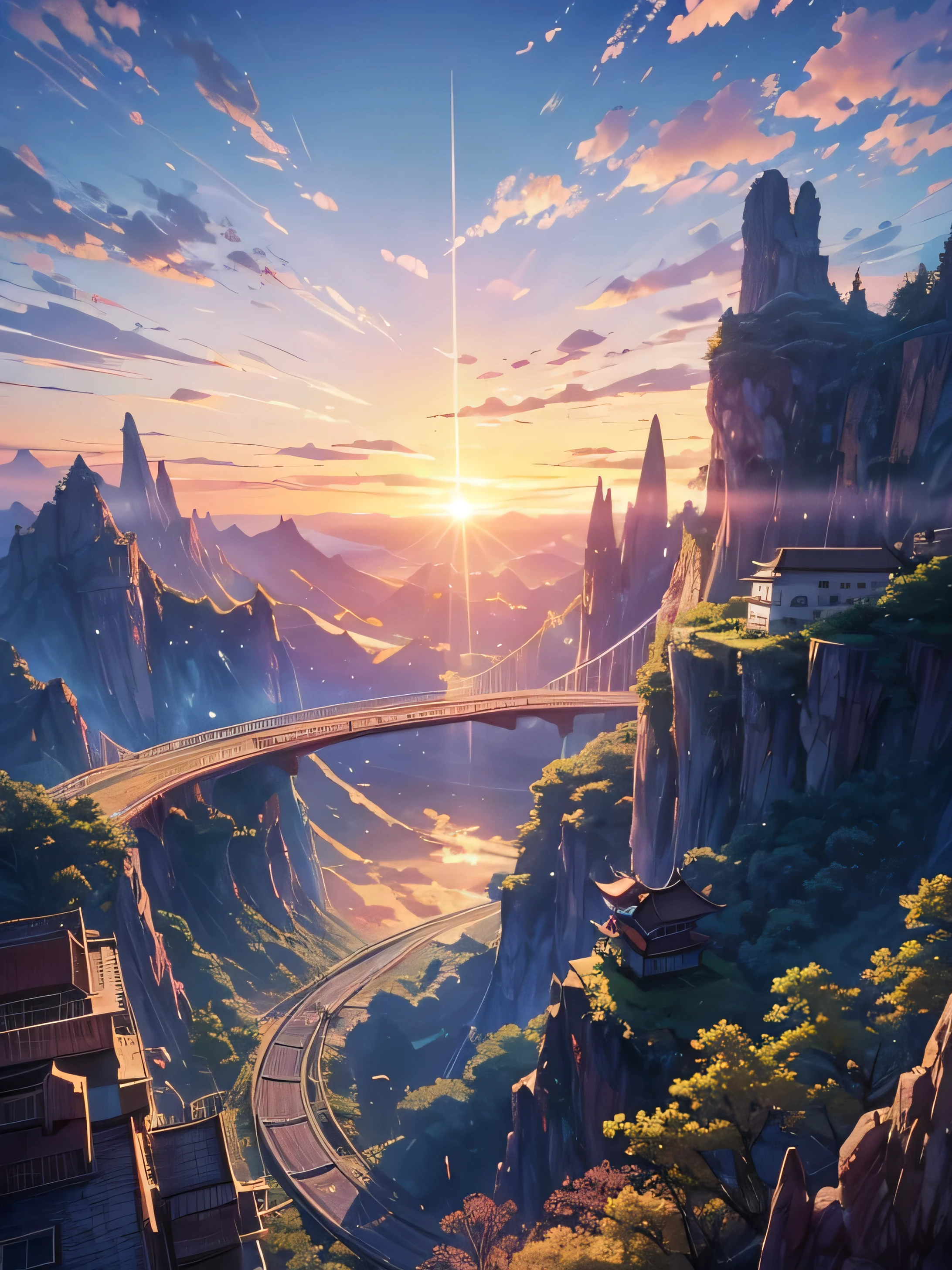 Train passant ci-dessous, train en marche, sujets tendances pixiv, réalisme magique, belle scène d&#39;anime, Ciel coucher de soleil. par Xin Haichen, ( ( Xin Haichen ) ), par Xin Haichen, art de fond animé, d&#39;accord, Brillant, soleil visible, des nuages. beau ciel, Beau paysage