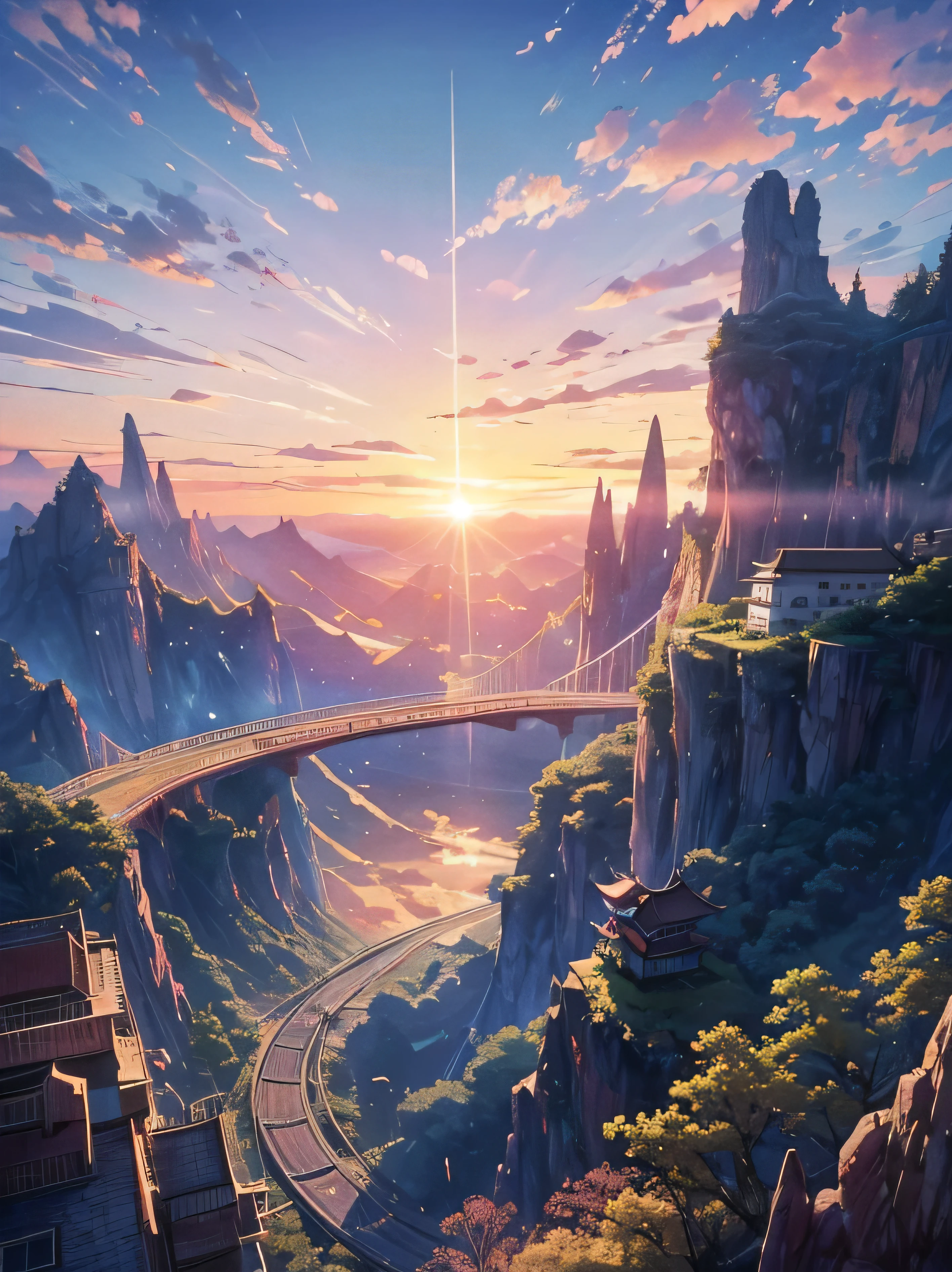 Unten fährt ein Zug vorbei, Zug fährt, pixiv Trendthemen, Magischer Realismus, schöne Anime-Szene, Sonnenuntergang Himmel. By Xin Haichen, ( ( Xin Haichen ) ), by Xin Haichen, Anime-Hintergrundkunst, Okay, Hell, Sonnenschein sichtbar, Wolken. Schöner Himmel, schöne Landschaft