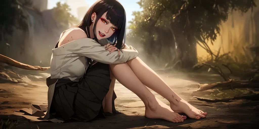 senjumaru shutara, (long hair, bangs, blunt bangs, black hair, sidelocks:1.5), (black eyes:1.5), makeup, lipstick, red lipstick, sweating, glowing eyes, heavy breathing, female focus, 1girl, barefoot, feet, skirt, breasts, outdoors, looking_at_viewer, tree, bare_legs, sitting, solo, large_breasts, black_skirt, mole, legs, bare_shoulders, toes, jewelry, thighs, shirt, earrings, off_shoulder, sidelocks, bush, day, long_sleeves, leg_hug, mole_under_eye, pleated_skirt, mole_under_mouth, "glow effects, godrays, Hand drawn, render, 8k, octane render, cinema 4d, blender, dark, atmospheric 4k ultra detailed, cinematic, Sharp focus, big depth of field, Masterpiece, colors, 3d octane render, 4k, concept art, trending on artstation, hyperrealistic, Vivid colors, extremely detailed CG unity 8k wallpaper, trending on CGSociety, Intricate, High Detail, dramatic", anime coloring, anime screencap, sweating, steaming body, fog, hollow eyes, bright pupils, brown eyes, looking at viewer. glowing eyes, heavy breathing, seductive smile, makeup, upper teeth,