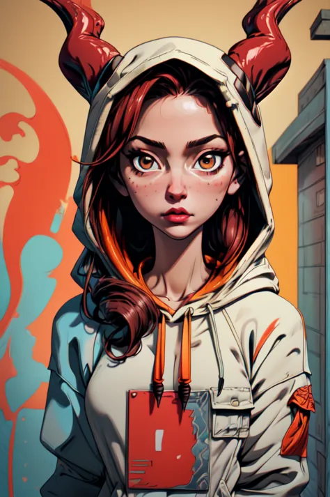 portrait of a woman wearing Hooded pullover sweatshirt with a kangaroo pocket. with Elongated Gazelle Horns, (solo), street_tone...