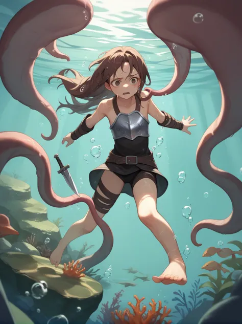 partially underwater,最high quality,high quality, four years old, , Long Hair, Brown Hair, Wet Hair, Flat Chest,Dark Underground ...