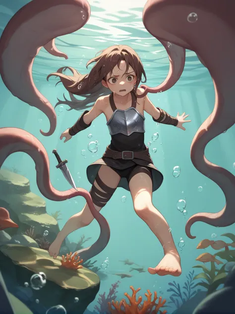 partially underwater,最high quality,high quality, four years old, , long hair, brown hair, wet hair, flat chest,dark underground ...