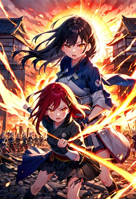 dramatic duel between 2girls, set in a battlefield during the warring states period of japan, illuminated by the setting sun, wi...