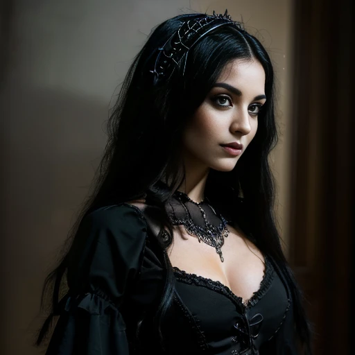 1 woman, European face, European eyes, pretty face, 30 years old, age 30, black long hair, black, green eyes, gothic style, wearing a long black dress, ultra detailed face, hyperrealistic, realistic representation, full body view, gothic style, dancing at a gothic festival