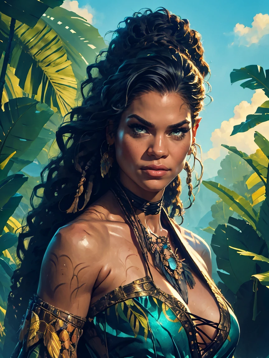 a female Tarzan based on Zendaya, highly detailed cinematic fantasy portrait, black outlining, full color illustration, in the style of BORIS VALLEJO & JULIE BELL, masterpiece, 8k, ultra-detailed, physically-based rendering, vivid colors, dramatic lighting, intricate background, sci-fi, photorealistic