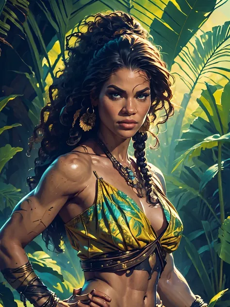 a female tarzan based on zendaya, highly detailed cinematic fantasy portrait, black outlining, full color illustration, in the s...