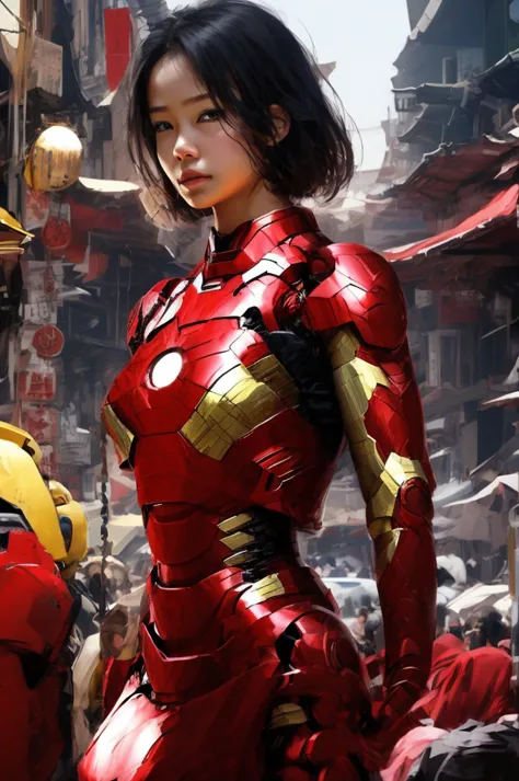 iron man design、simple design、18-year-old、asian、black short hair、woman、womanのシルエット、large breasts、