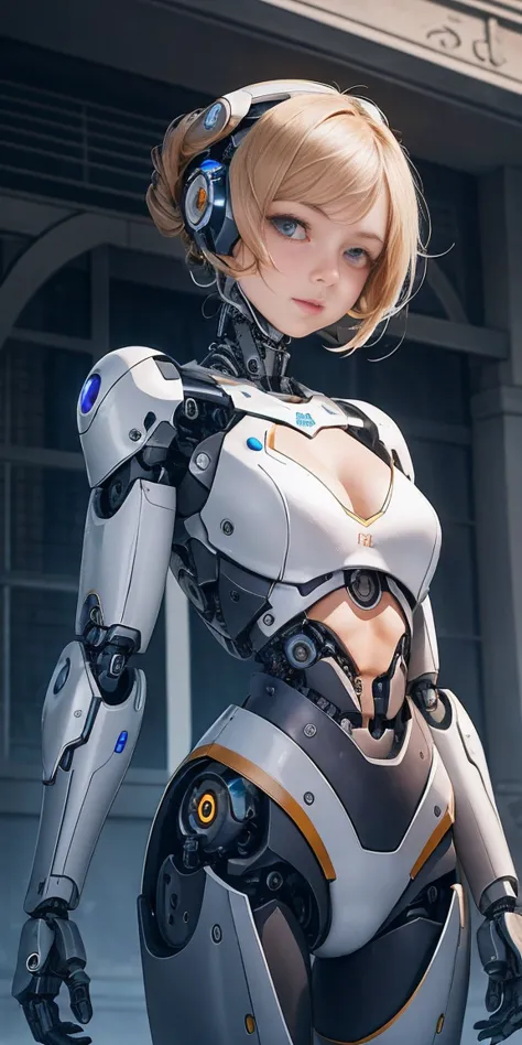 There is a woman in a robot suit posing next to an ancient building, Beautiful white girl half cyborg, Cute Cyborg Girl, Beautif...