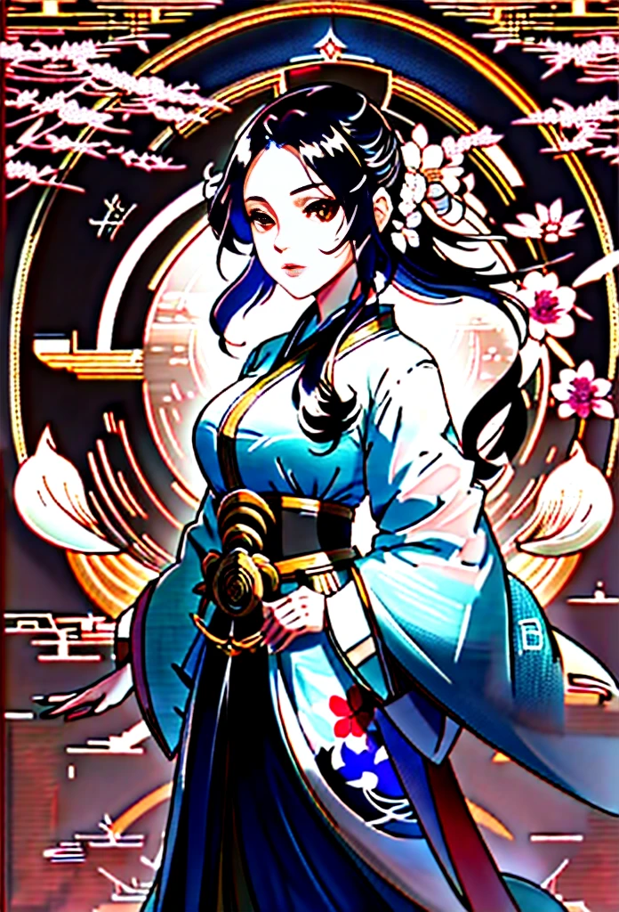 round frame, round circle, circular, create a Japanese circular seal kamon (very colorful with contrast) in the size of the picture on a white background, an indigo-gold art deco circle with a floral art deco pattern in the middle the picture of a stunning beautiful hanfu girl (long black hair)with a beautifully designed clothing with georgeous patterns and massive flower hanfu headpiece. she is posing in front of plain graphic japanese background inside the round frame. cherry blossoms
