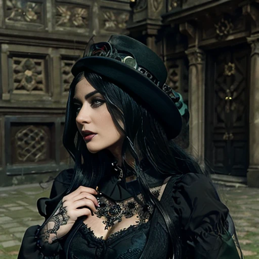 1 woman, European face, European eyes, pretty face, 30 years old, age 30, black long hair, black, green eyes, gothic style, wearing a long black dress, ultra detailed face, hyperrealistic, realistic representation, full body view, gothic style, dancing at a gothic festival