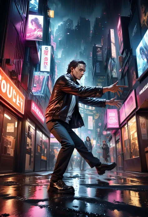 portrait of a zombie michael jackson dancing thriller in the rainy night cityscape, highly detailed, cinematic lighting, dramati...