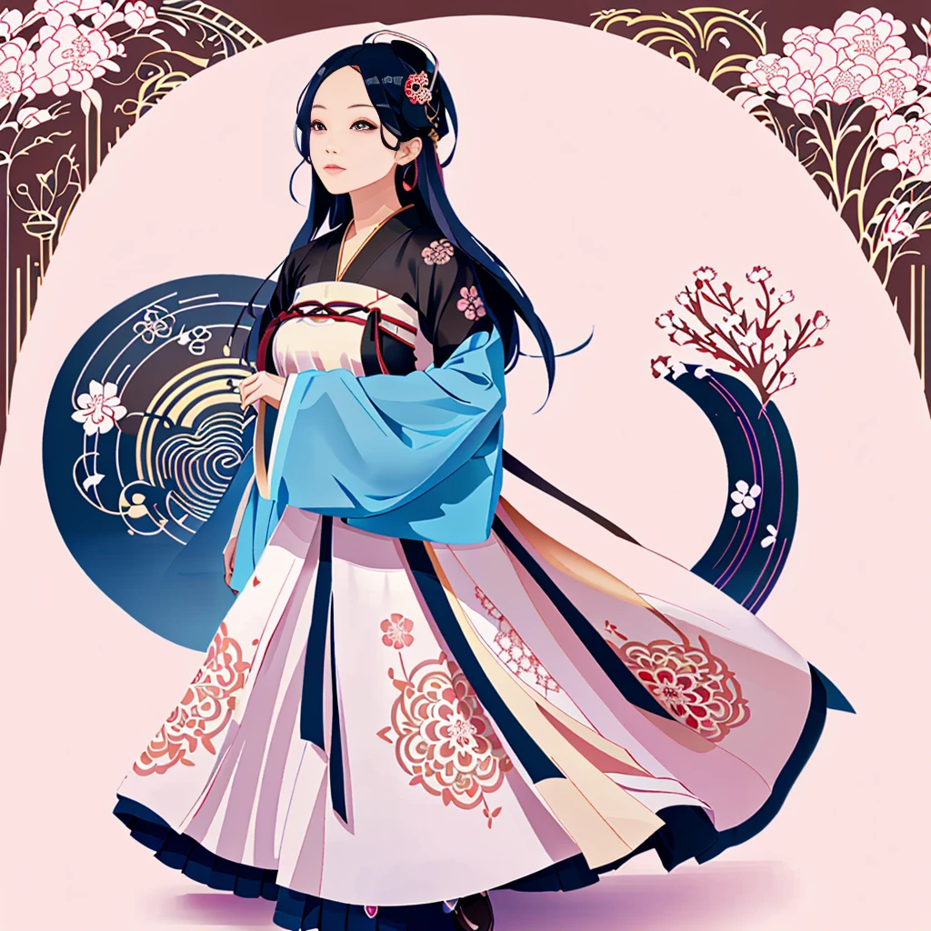 round frame, round circle, circular, create a Japanese circular seal kamon (very colorful with contrast) in the size of the picture on a white background, an turquoise-magenta-gold art deco circle with a floral art deco pattern in the middle the picture of a stunning beautiful hanfu girl (long black hair)with a beautifully designed clothing with georgeous patterns and massive flower hanfu headpiece. she is posing in front of plain graphic japanese background inside the round frame. cherry blossoms 