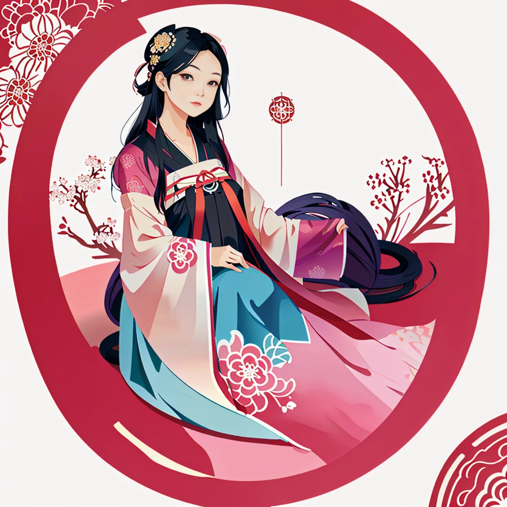 round frame, round circle, circular, create a Japanese circular seal kamon (very colorful with contrast) in the size of the picture on a white background, an turquoise-magenta-gold art deco circle with a floral art deco pattern in the middle the picture of a stunning beautiful hanfu girl (long black hair)with a beautifully designed clothing with georgeous patterns and massive flower hanfu headpiece. she is posing in front of plain graphic japanese background inside the round frame. cherry blossoms 