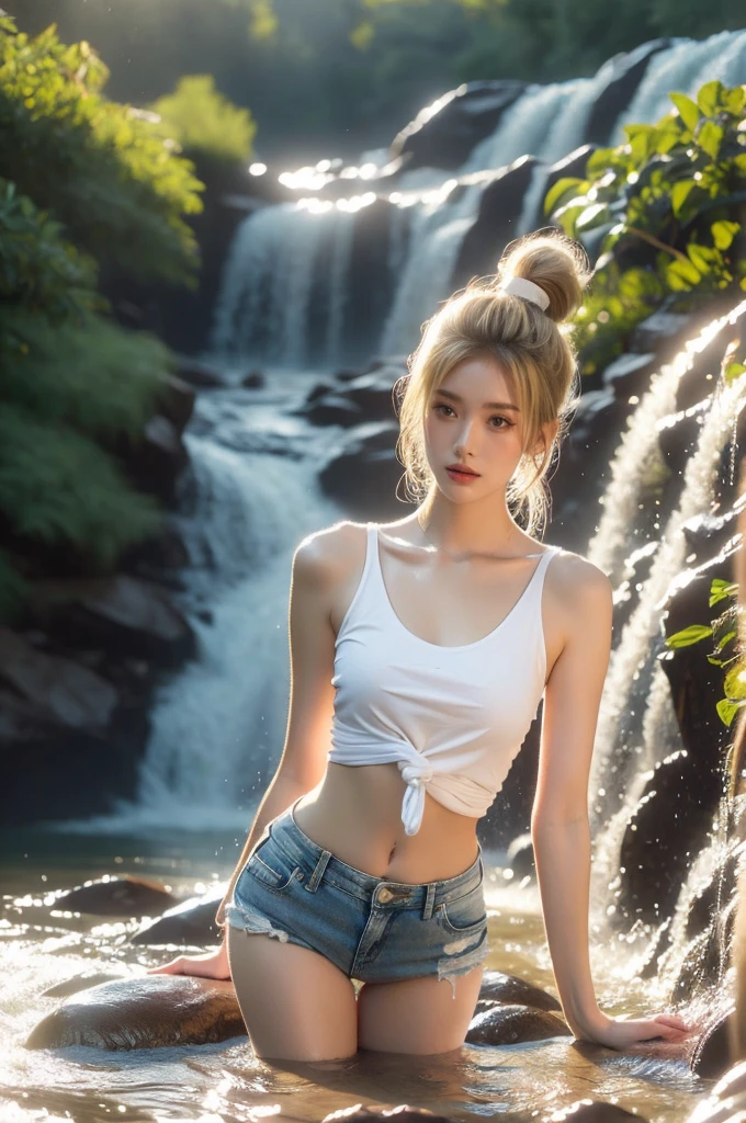 Beautiful woman, blonde hair ponytail style, wear white tank top, denim shorts with torn ends, standing/lying pose in waterfall, soft lights