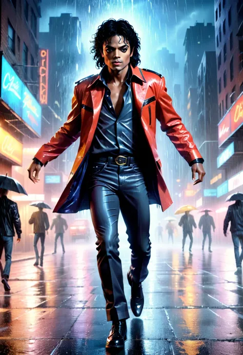 portrait of a michael jackson dancing thriller in the rainy night cityscape, highly detailed, cinematic lighting, dramatic compo...