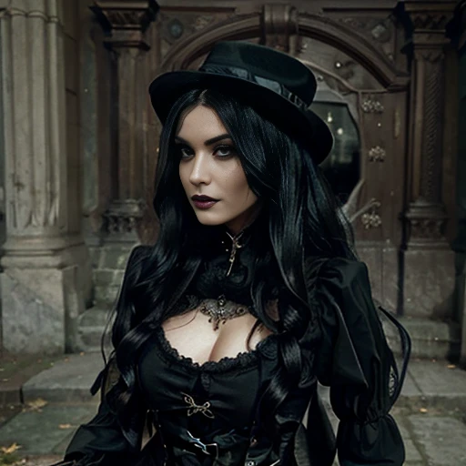 1 woman, European face, European eyes, pretty face, 30 years old, age 30, black long hair, black, green eyes, gothic style, wearing a long black dress, ultra detailed face, hyperrealistic, realistic representation, full body view, gothic style, dancing at a gothic festival