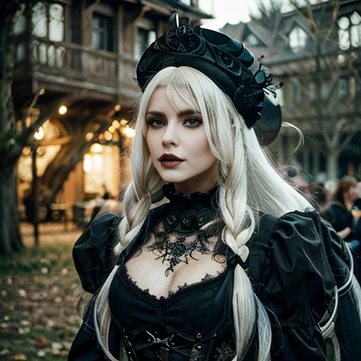 1 woman, European face, European eyes, pretty face, 30 years old, age 30, white long hair, black, green eyes, gothic style, wearing a long black dress, ultra detailed face, hyperrealistic, realistic representation, full body view, gothic style, dancing at a gothic festival