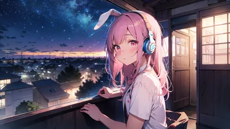 highest quality, pretty girl, pastel colour, fluffy bunny ears, pink long hair,pale pink eyes,you can see the starry sky from th...