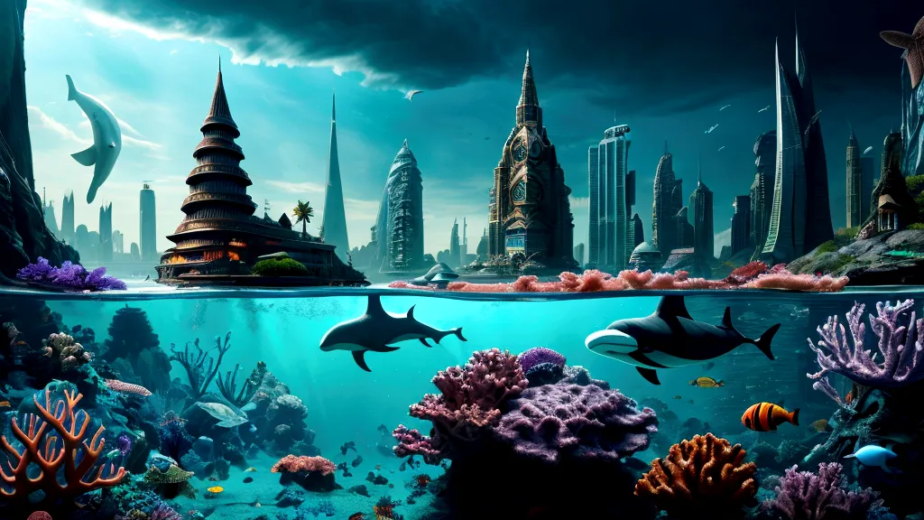 "a fantastical and serene deep-sea city scene viewed from the ocean floor looking up towards the water surface. the city is very...