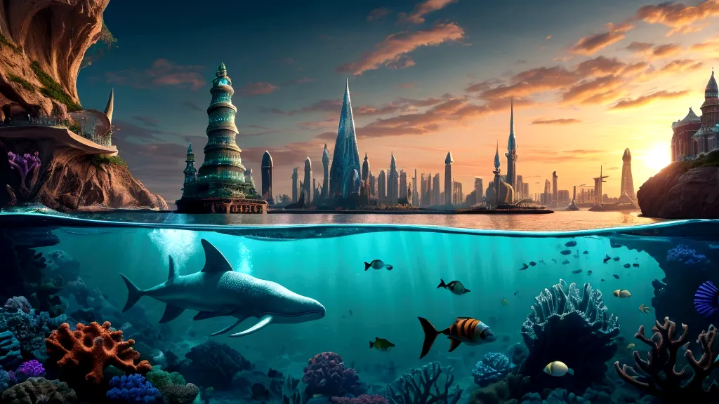 "a fantastical and serene deep-sea city scene viewed from the ocean floor looking up towards the water surface. the city is very...