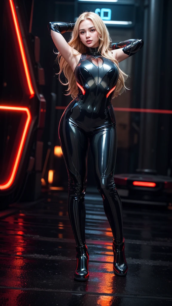 (masterpiece), (best quality), (ultra detailed), (epic lights reflections), glowing, luminous neon lights, 1girl, red eyes, blonde hair, full makeups, red lips, fit body hair blown by strong winds, tron bodysuit, very tight latex tron bodysuit, tron legacy, hair blown by winds, ((full body)), symmetrical pose, model posing in the middle, 