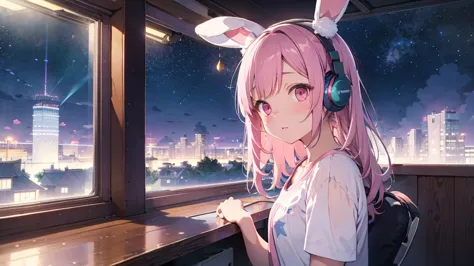 highest quality, pretty girl, pastel colour, fluffy bunny ears, pink long hair,pale pink eyes,you can see the starry sky from th...