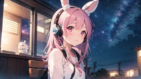 highest quality, pretty girl, pastel colour, fluffy bunny ears, pink long hair,pale pink eyes,you can see the starry sky from th...