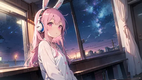 highest quality, pretty girl, pastel colour, fluffy bunny ears, pink long hair,pale pink eyes,you can see the starry sky from th...