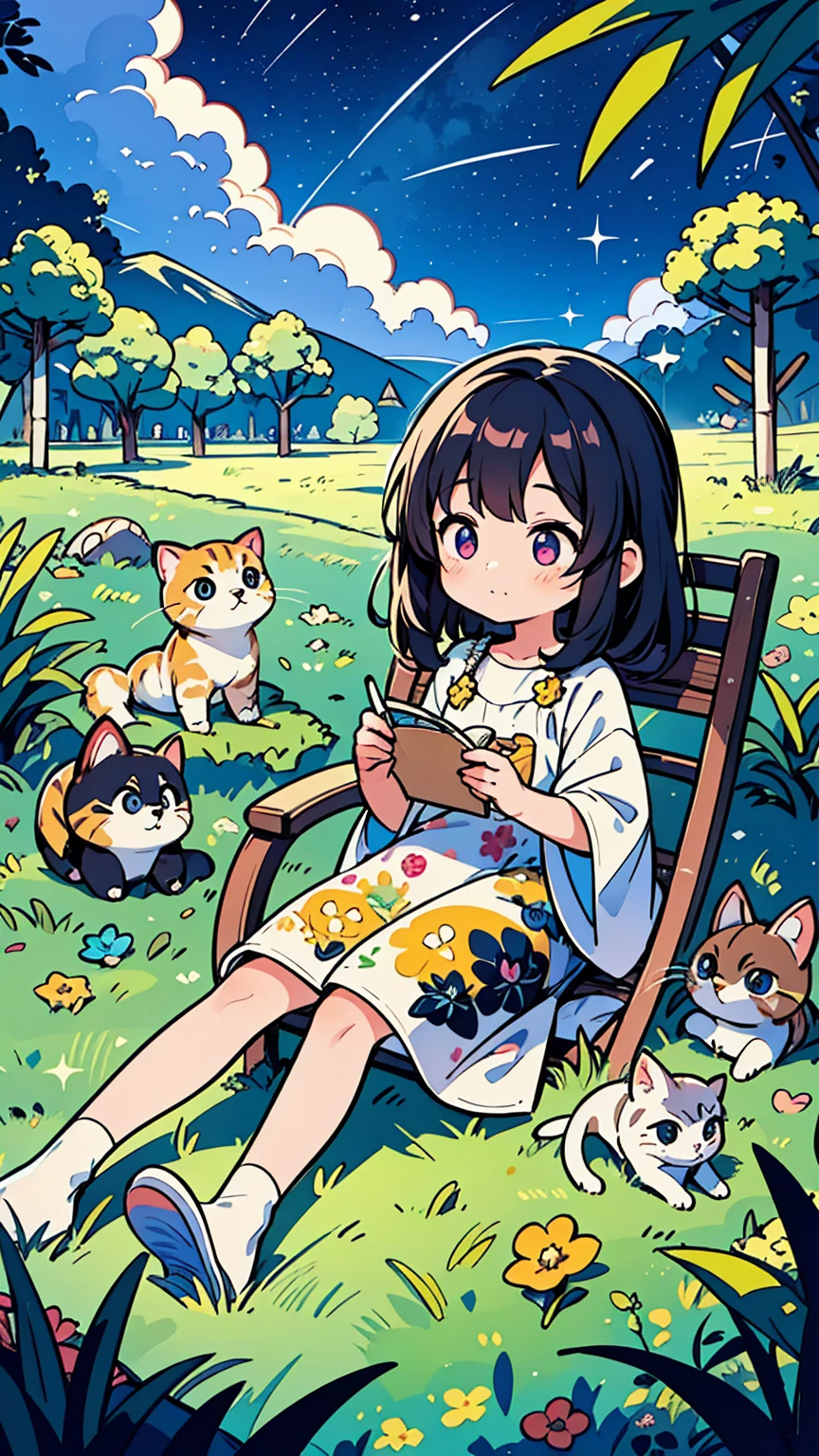 A summer night,There are stars in the sky. A little girl lying on a bamboo chair,There is also a cute kitten next to it. They sit on the grass,Hand-drawn style,Children&#39;s illustrations,Flat illustration,masterpiece,best quality