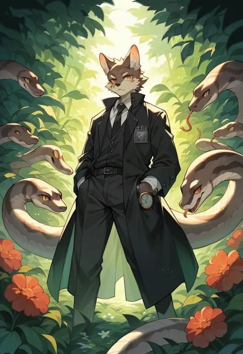 (best quality, high resolution, ultra-detailed)silhouett(kemono, furry anthro)holding striking pocket watch, surrounded by flowe...