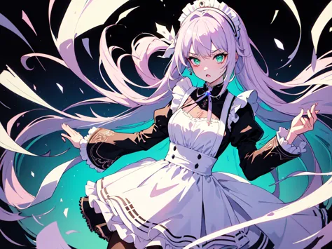 With a large shield, maid, Evil Eye, A bad looking person with white eyes, whole body絵, She is wearing a maid uniform and the ba...