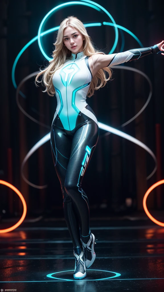 (masterpiece), (best quality), (ultra detailed), (epic lights reflections), glowing, luminous neon lights, 1girl, blue eyes, blonde hair, full makeups, red lips, fit body hair blown by strong winds, ((tron luminous white bodysuit)), very tight, tron legacy, hair blown by winds, ((full body)), symmetrical pose, model posing in the middle, 