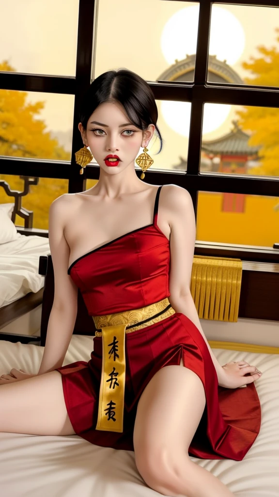 Weiße kurzhaarige Frau, mit gelben Augen, die Brüste zeigen, Beine offen zeigen Muschi, mit wütendem Gesicht und provokantem Blick, Tragen Sie traditionelle chinesische kaiserliche Kleidung in Gold und Schwarz, mit roten Hanafuda-Ohrringen, mit einem kurzen roten Rock. Auf den Knien in einem Hotelzimmerbett, mit einem Sonnenuntergang im Fenster im Hintergrund.