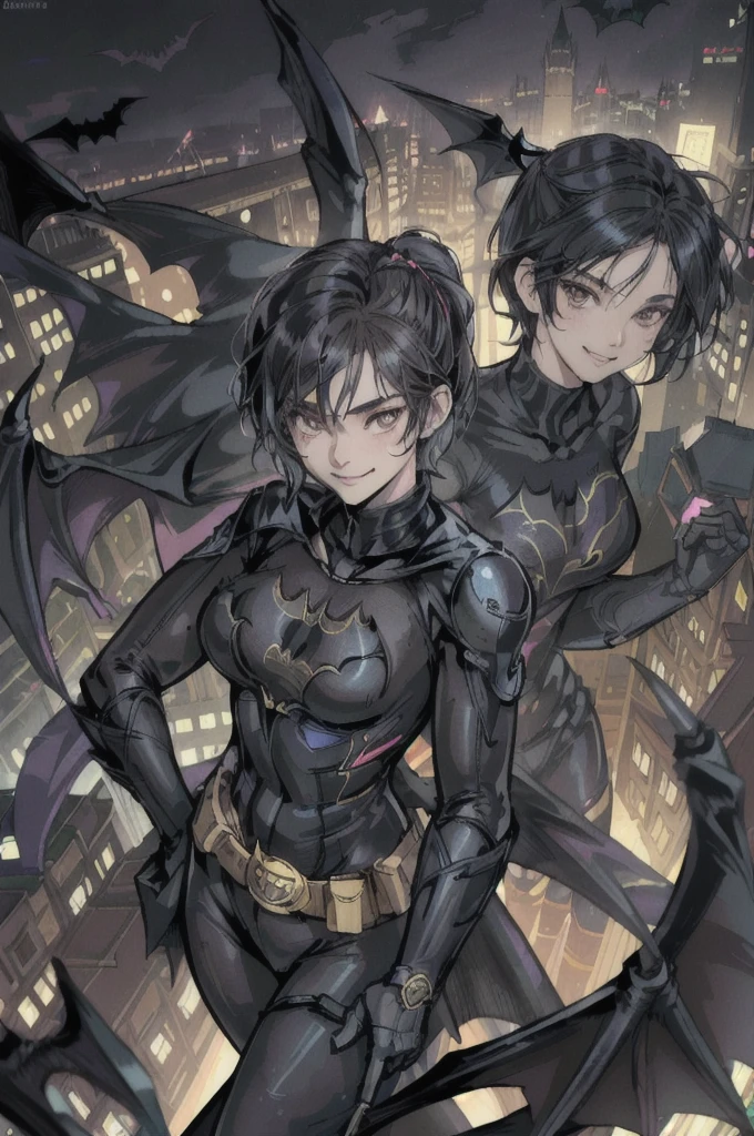 (obra de arte, melhor qualidade),1 garota, Sozinho, cassandra cain, terno de batgirl, Capa Preta, Cabelo preto, Olhos castanhos, sorriso,
cidade de akihabara, dos mortos,  noite,  de cima, Telhado em pé, Placas de neon, Centro de jogos, 3 morcegos, Castelo japonês,