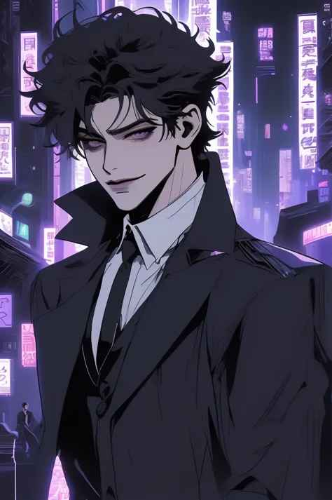 anime man in the night city, attractive man with сиреневые глаза while squinting, adult man, black hair, black loose shirt, (((n...